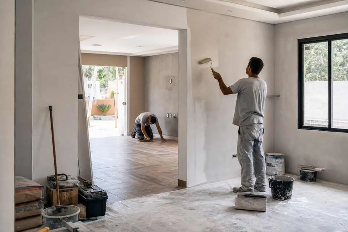 Reforma de casa em andamento com aplicação de reboco e pintura de paredes